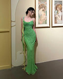 Ndyad Green Spaghetti Strap Mermaid Prom Dresses Sparkling Beaded Sequins Long Evening Dresses with Open Back HZ1024