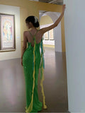 Ndyad Green Spaghetti Strap Mermaid Prom Dresses Sparkling Beaded Sequins Long Evening Dresses with Open Back HZ1024