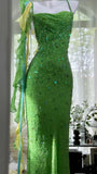 Ndyad Green Spaghetti Strap Mermaid Prom Dresses Sparkling Beaded Sequins Long Evening Dresses with Open Back HZ1024