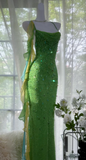 Ndyad Green Spaghetti Strap Mermaid Prom Dresses Sparkling Beaded Sequins Long Evening Dresses with Open Back HZ1024