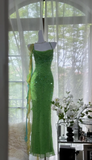 Ndyad Green Spaghetti Strap Mermaid Prom Dresses Sparkling Beaded Sequins Long Evening Dresses with Open Back HZ1024