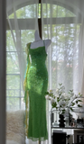 Ndyad Green Spaghetti Strap Mermaid Prom Dresses Sparkling Beaded Sequins Long Evening Dresses with Open Back HZ1024