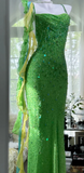 Ndyad Green Spaghetti Strap Mermaid Prom Dresses Sparkling Beaded Sequins Long Evening Dresses with Open Back HZ1024