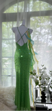 Ndyad Green Spaghetti Strap Mermaid Prom Dresses Sparkling Beaded Sequins Long Evening Dresses with Open Back HZ1024