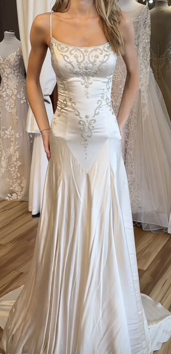 Ndyad Spaghetti Straps Mermaid Wedding Dress Satin Beading Long Prom Dress Simple Formal Evening Dress HZ1024