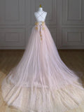 Ndyad V Neck Tulle Pink Long Prom Dress, Pink Tulle Long Formal Dress HZ1024