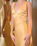 Ndyad Yellow Satin Sheath V Neck Backless Party Dress Sexy Elegant Evening Dress HZ1024
