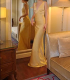 Ndyad Yellow Satin Sheath V Neck Backless Party Dress Sexy Elegant Evening Dress HZ1024