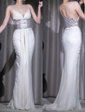 Ndyad White Spaghetti Strap Mermaid Chiffon V-Neck Long Pro Dresses Vintage Backless Evening Dress HZ1024