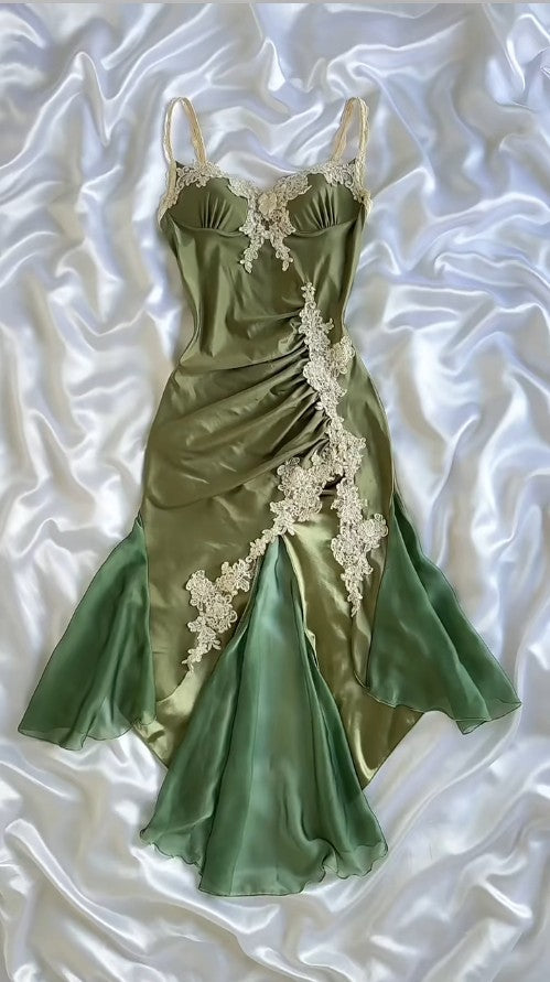 Ndyad Olive Green Spaghetti Straps Satin Party Dress Vintage Lace Applique Chiffon Mermaid Evening Dress HZ1024