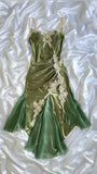 Ndyad Olive Green Spaghetti Straps Satin Party Dress Vintage Lace Applique Chiffon Mermaid Evening Dress HZ1024