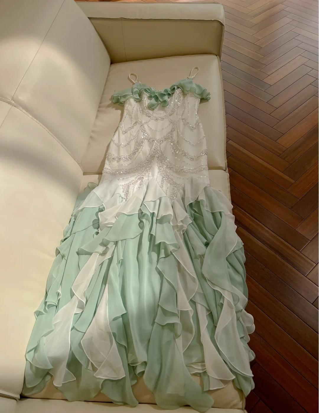 Ndyad Mint Green Spaghetti Straps Chiffon Ruffled Prom Dresses Shiny Beaded Sequined Backless Evening Dresses HZ1024