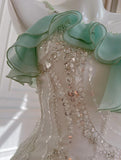 Ndyad Mint Green Spaghetti Straps Chiffon Ruffled Prom Dresses Shiny Beaded Sequined Backless Evening Dresses HZ1024