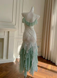 Ndyad Mint Green Spaghetti Straps Chiffon Ruffled Prom Dresses Shiny Beaded Sequined Backless Evening Dresses HZ1024