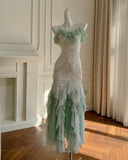 Ndyad Mint Green Spaghetti Straps Chiffon Ruffled Prom Dresses Shiny Beaded Sequined Backless Evening Dresses HZ1024