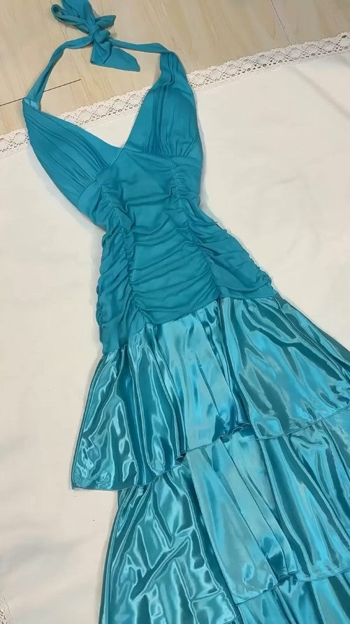 Ndyad Turquoise Chiffon Halter A-line Long Prom Dresses Sweet Backless Tiered Satin Party Dresses HZ1024