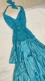 Ndyad Turquoise Chiffon Halter A-line Long Prom Dresses Sweet Backless Tiered Satin Party Dresses HZ1024