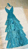 Ndyad Turquoise Chiffon Halter A-line Long Prom Dresses Sweet Backless Tiered Satin Party Dresses HZ1024