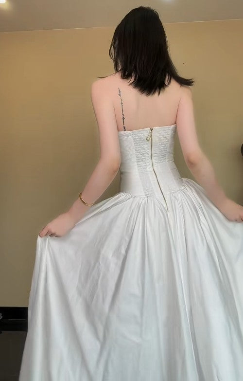 Ndyad White Strapless Satin Pleated A-Line Bridesmaid Dresses Elegant Backless Evening Dresses with Slit HZ1024