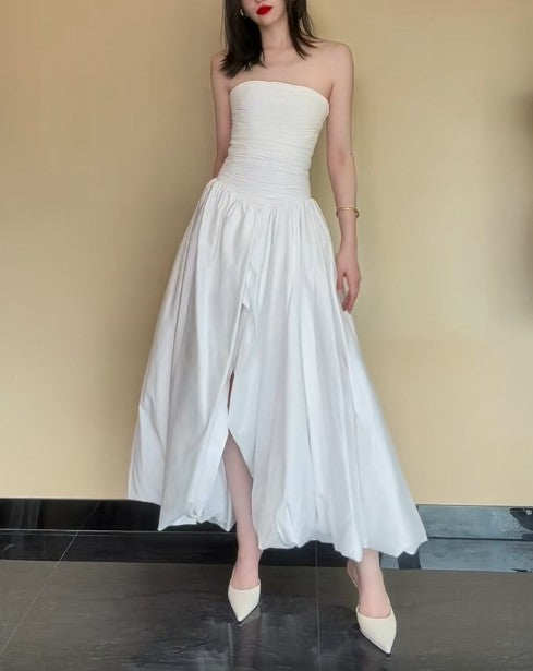 Ndyad White Strapless Satin Pleated A-Line Bridesmaid Dresses Elegant Backless Evening Dresses with Slit HZ1024