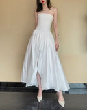 Ndyad White Strapless Satin Pleated A-Line Bridesmaid Dresses Elegant Backless Evening Dresses with Slit HZ1024