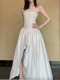 Ndyad White Strapless Satin Pleated A-Line Bridesmaid Dresses Elegant Backless Evening Dresses with Slit HZ1024