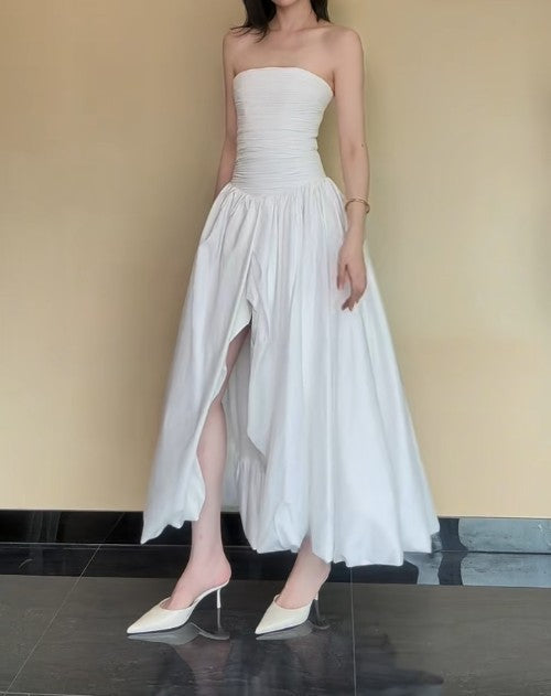 Ndyad White Strapless Satin Pleated A-Line Bridesmaid Dresses Elegant Backless Evening Dresses with Slit HZ1024