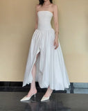 Ndyad White Strapless Satin Pleated A-Line Bridesmaid Dresses Elegant Backless Evening Dresses with Slit HZ1024