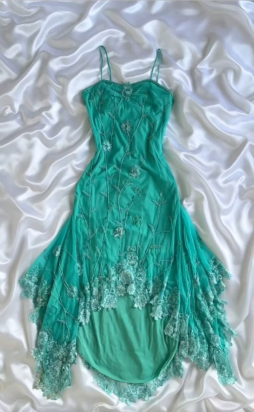 Ndyad Turquoise Spaghetti Straps Chiffon Party Dresses Vintage Lace Applique Prom Dresses Homecoming Dresses HZ1024