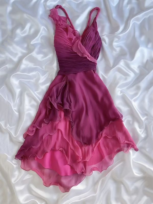 Ndyad Gothic V-neck A-Line Chiffon Party Dress Vintage Gradient Pink Short Prom Dress HZ1024