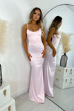 Ndyad Pink Satin Mermaid Spaghetti Straps Evening Dress Sexy Backless Prom Dress for Party HZ1024