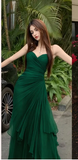 Ndyad Mermaid Dark Green Sweetheart Tulle Long Prom Dresses Formal Evening Dresses with Rufflest HZ1024