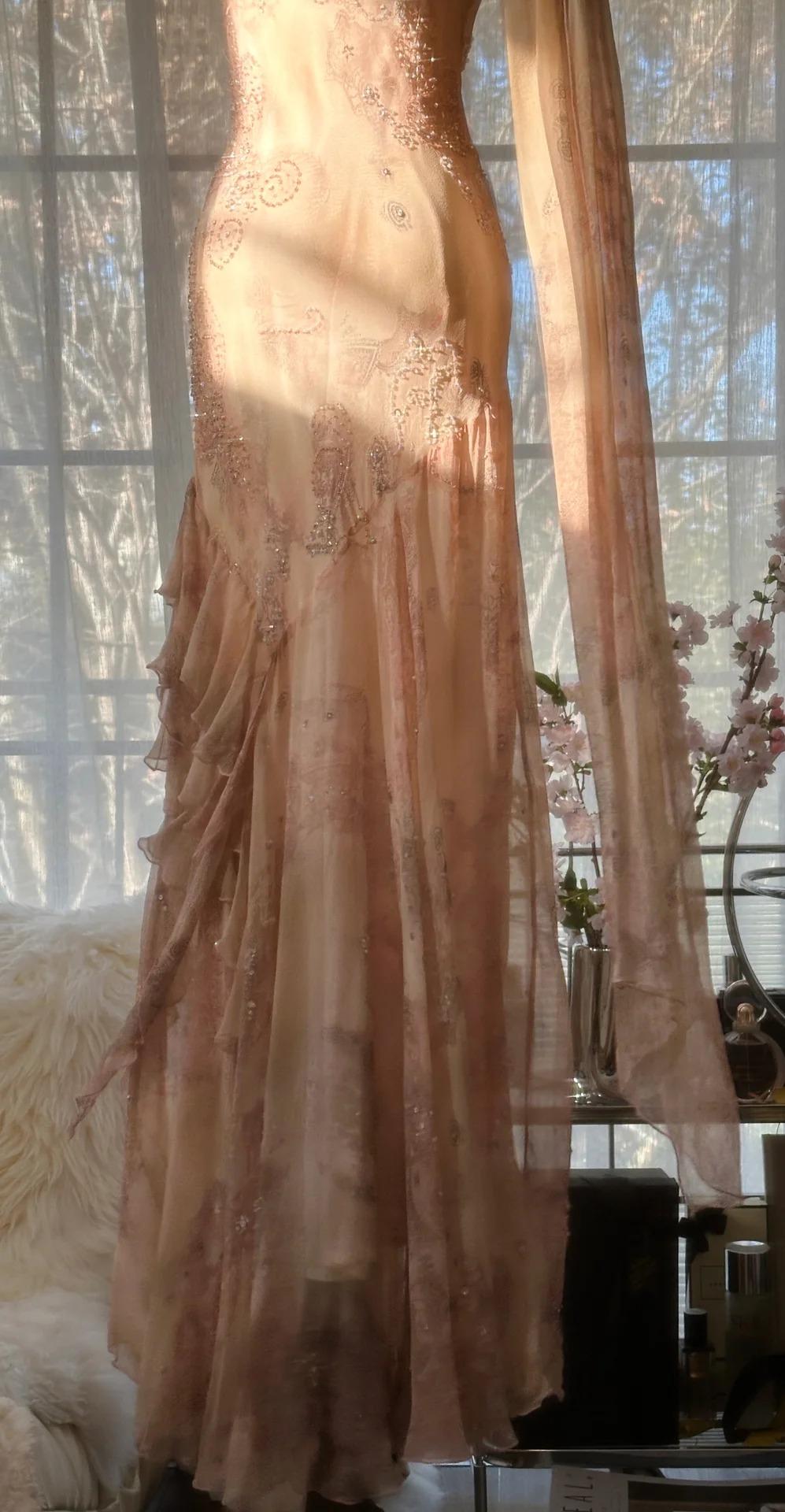 Ndyad Spaghetti Straps Printed Chiffon Sheath Sparkling Beaded Evening Dress HZ1024