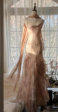 Ndyad Spaghetti Straps Printed Chiffon Sheath Sparkling Beaded Evening Dress HZ1024