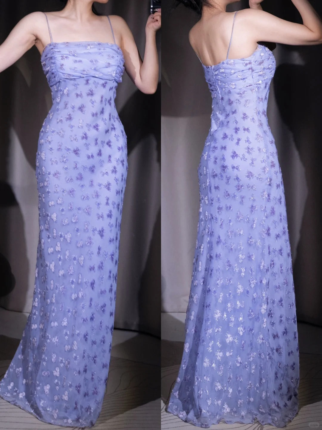 Ndyad Elegant Purple Chiffon Sheath Party Dresses Spaghetti Straps Shiny Beaded Long Prom Dresses HZ1024