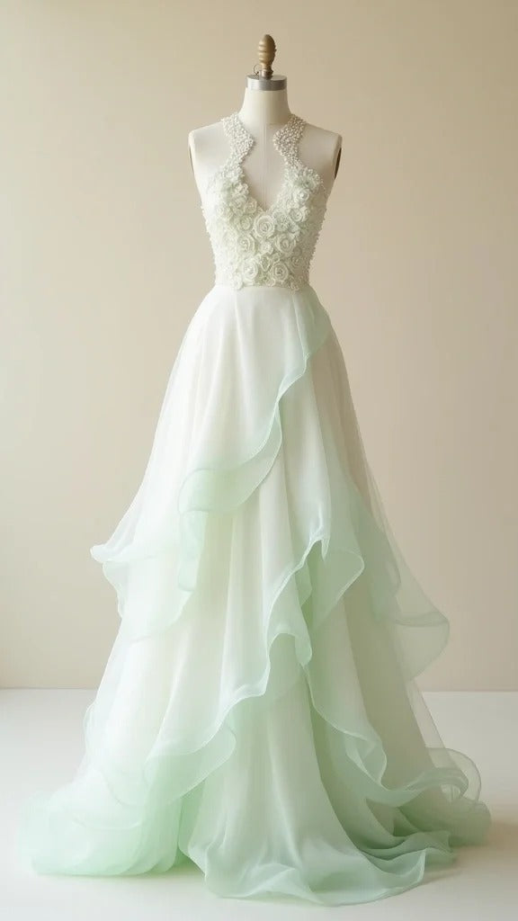 Ndyad Gradient Light Green V neck A-Line Tulle Long Prom Dresses Sweet Beaded Applique Formal Evening Dress HZ1024