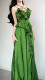 Ndyad Sapphire Blue Spaghetti Strap Simple Satin V-Neck A-Line Party Dress HZ1024