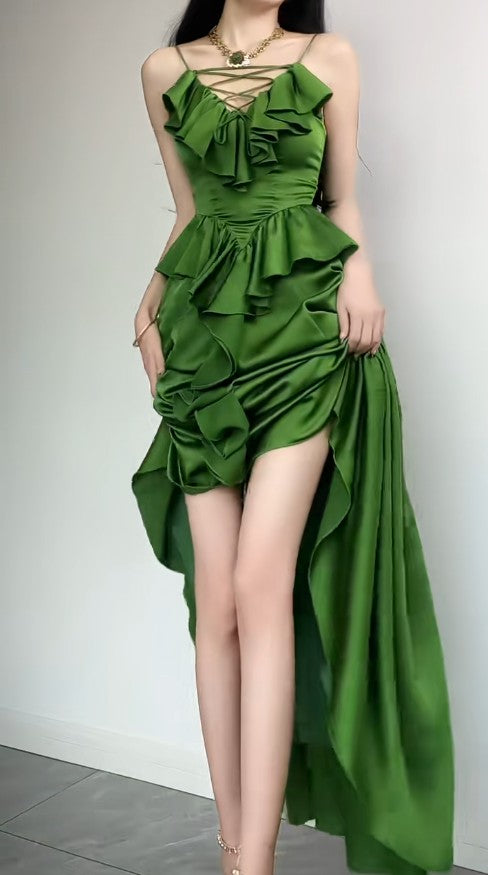Ndyad Sapphire Blue Spaghetti Strap Simple Satin V-Neck A-Line Party Dress HZ1024