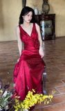 Ndyad Burgundy Mermaid Jacquard Satin V-neck Evening Dress Simple Prom Dress HZ1024
