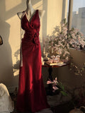 Ndyad Burgundy Mermaid Jacquard Satin V-neck Evening Dress Simple Prom Dress HZ1024
