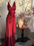 Ndyad Burgundy Mermaid Jacquard Satin V-neck Evening Dress Simple Prom Dress HZ1024