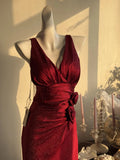 Ndyad Burgundy Mermaid Jacquard Satin V-neck Evening Dress Simple Prom Dress HZ1024