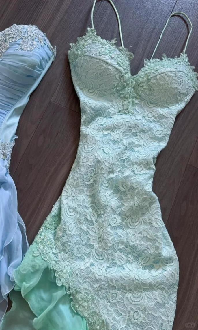 Ndyad Mint Green Spaghetti Straps Bodycon Chiffon Prom Dresses Lace Applique Sweet Party Dresses HZ1024