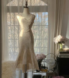 Ndyad White V-neck Chiffon Lace Applique Short Party Dress Elegant Bridesmaids Dress Homecoming Dress HZ1024
