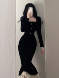 Ndyad retro velvet square neck slim fishtail skirt HZ1024