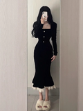 Ndyad retro velvet square neck slim fishtail skirt HZ1024