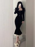 Ndyad retro velvet square neck slim fishtail skirt HZ1024