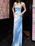 Ndyad Ice Blue Satin Sheath Strapless Evening Dress Elegant Long Prom Dresses with Beading HZ1024