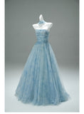 Ndyad Strapless Blue A-Line Tulle Evening Dress Sparkling Beaded Long Prom Dresses HZ1024