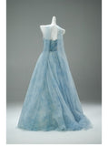 Ndyad Strapless Blue A-Line Tulle Evening Dress Sparkling Beaded Long Prom Dresses HZ1024